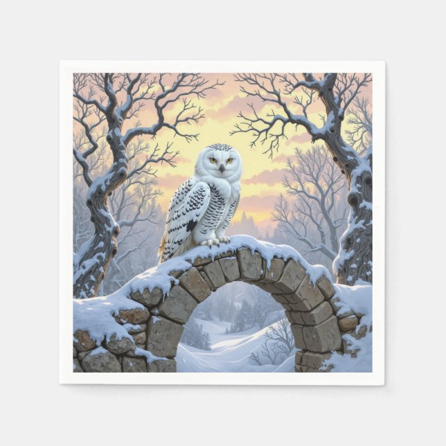 Snowy Owl On a Stone Arch Napkins (Front)
