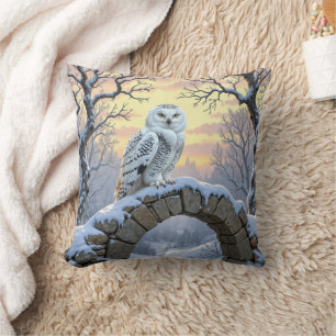 Snowy Owl On a Stone Arch Throw Pillow