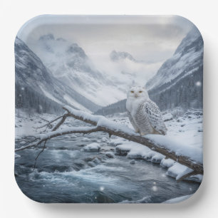 Snowy Owl On a Winter Tree Branch Paper Plates
