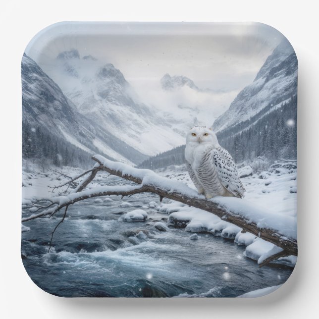 Snowy Owl On a Winter Tree Branch Paper Plates (Front)