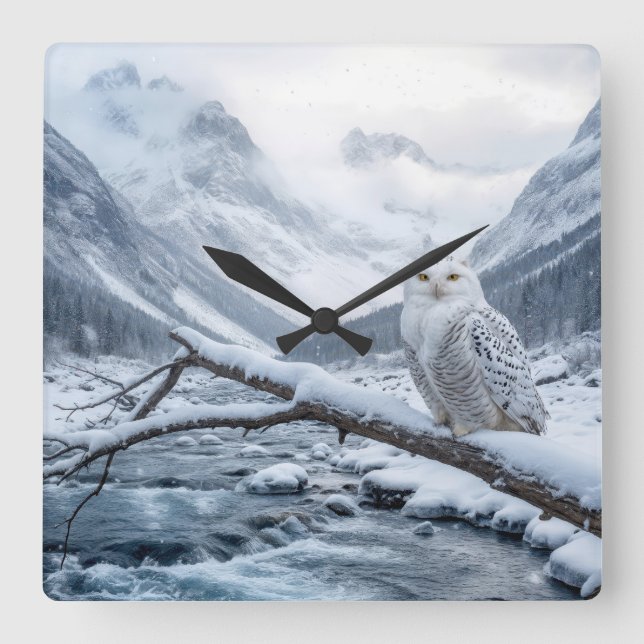 Snowy Owl On a Winter Tree Branch Square Wall Clock (Front)