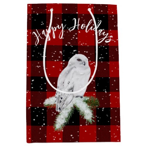 Snowy Owl On Buffalo Plaid  Medium Gift Bag