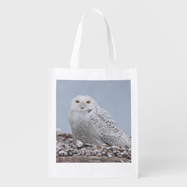 Snowy Owl on shells  Grocery Bag (Front)