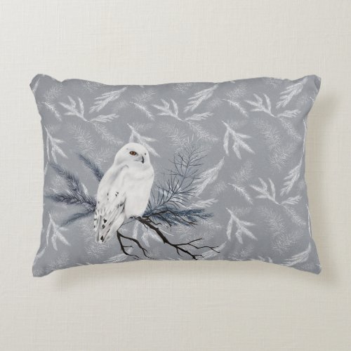 Snowy Owl On Winter Pine Accent Pillow