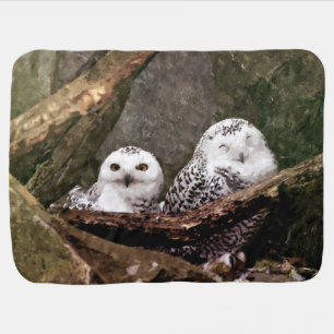 Snowy Owl Pair Woodland Wildlife Art Baby Blanket