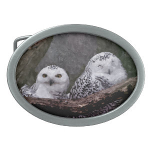 Snowy Owl Pair Woodland Wildlife Art Belt Buckle