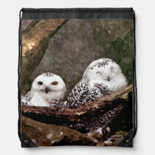 Snowy Owl Pair Woodland Wildlife Art Drawstring Bag