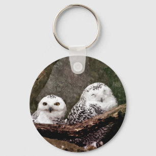 Snowy Owl Pair Woodland Wildlife Art Keychain