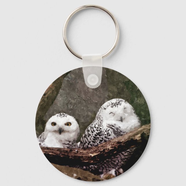 Snowy Owl Pair Woodland Wildlife Art Keychain (Front)