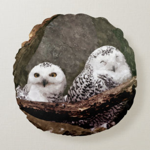 Snowy Owl Pair Woodland Wildlife Art Round Pillow