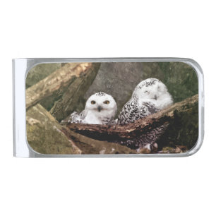 Snowy Owl Pair Woodland Wildlife Art Silver Finish Money Clip