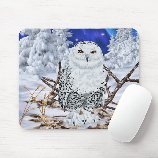 Snowy Owl Perched in Winter Wonderland With Snow Mouse Pad (With Mouse)