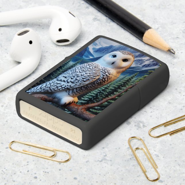 Snowy Owl Perched in Winter Zippo Lighter (On Table 2)