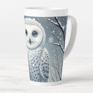 Snowy Owl Perched on Winter Branch  Latte Mug