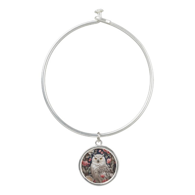 Snowy Owl Pink Peony Flowers Bangle Bracelet (Front)