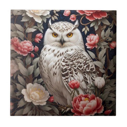 Snowy Owl Pink Peony Flowers Ceramic Tile