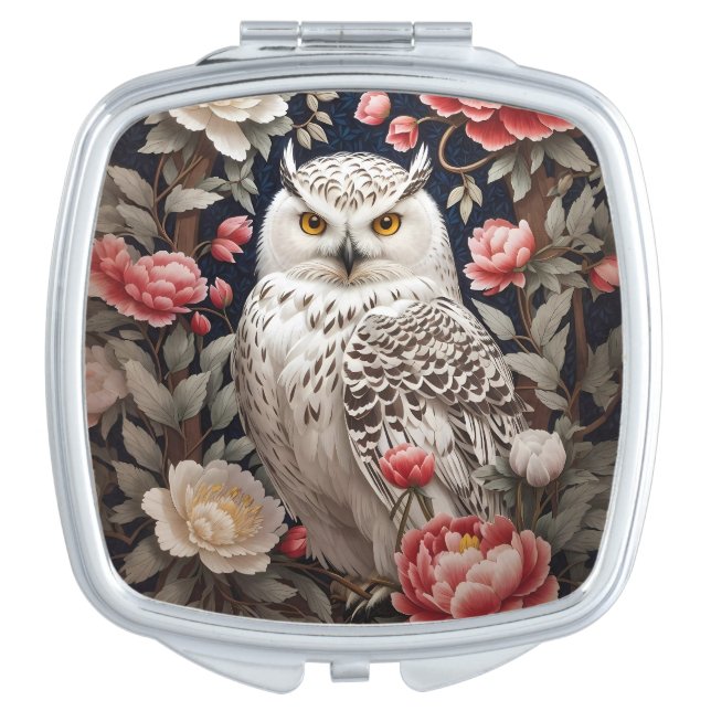 Snowy Owl Pink Peony Flowers Compact Mirror (Front)