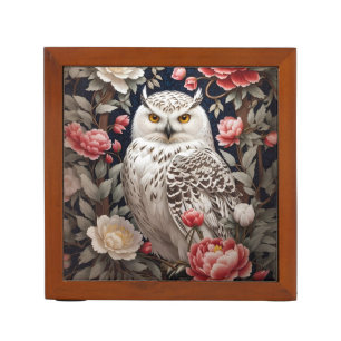 Snowy Owl Pink Peony Flowers Desk Organizer