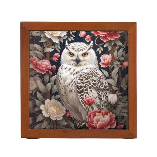 Snowy Owl Pink Peony Flowers Desk Organizer (Front)
