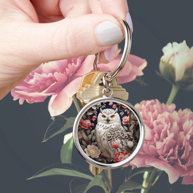 Snowy Owl Pink Peony Flowers Keychain (Creator Uploaded)