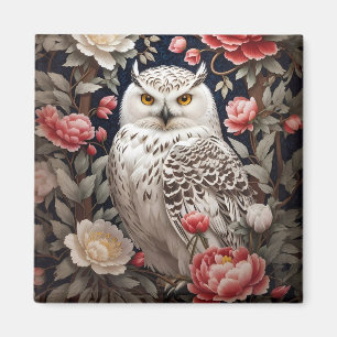 Snowy Owl Pink Peony Flowers Magnet
