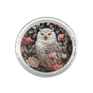 Snowy Owl Pink Peony Flowers Ring