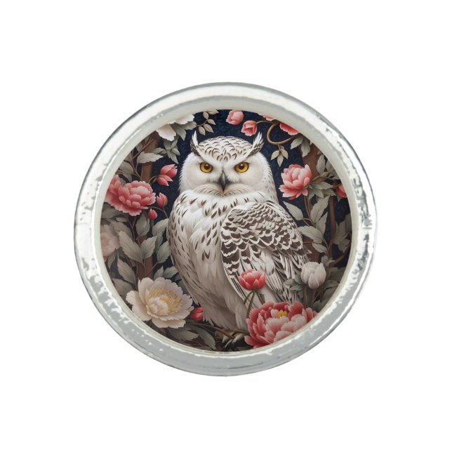 Snowy Owl Pink Peony Flowers Ring (Front)