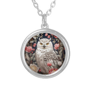 Snowy Owl Pink Peony Flowers Silver Plated Necklace
