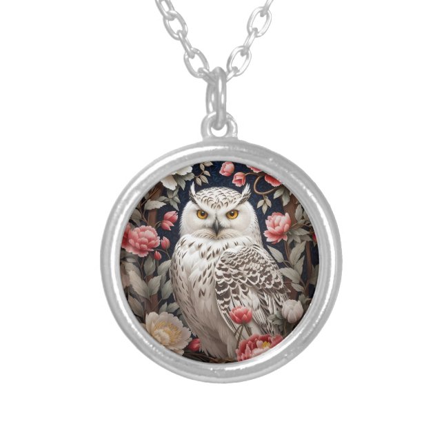Snowy Owl Pink Peony Flowers Silver Plated Necklace (Front)