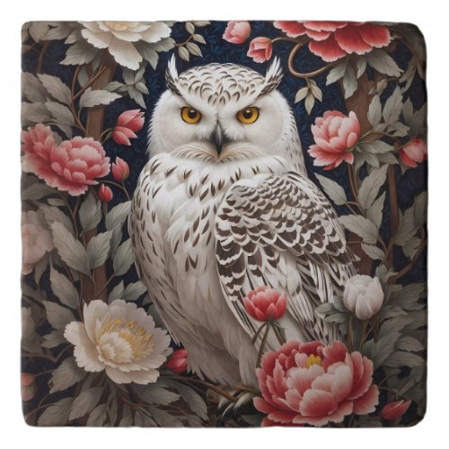 Snowy Owl Pink Peony Flowers Trivet