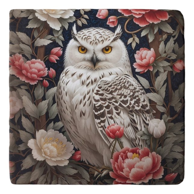 Snowy Owl Pink Peony Flowers Trivet (Front)