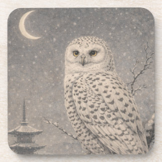 Snowy Owl Plastic Coaster, Japanese Moon Pagoda De Beverage Coaster