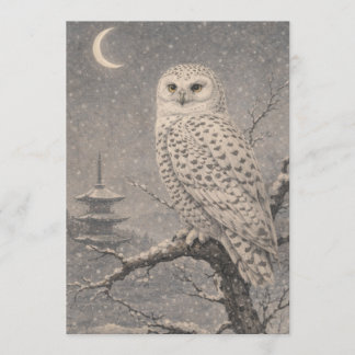 Snowy Owl Postcard, Japanese Pagoda Moon Scene Invitation