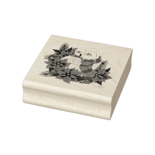 Snowy Owl Red Poinsettias Christmas Rubber Stamp