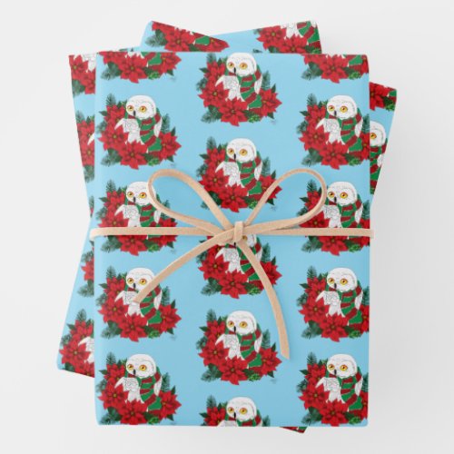Snowy Owl Red Poinsettias Christmas Wrapping Paper Sheets