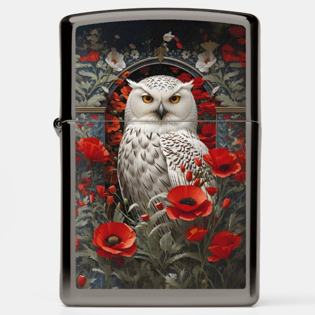 Snowy Owl Red Poppy Flowers Zippo Lighter (Front)