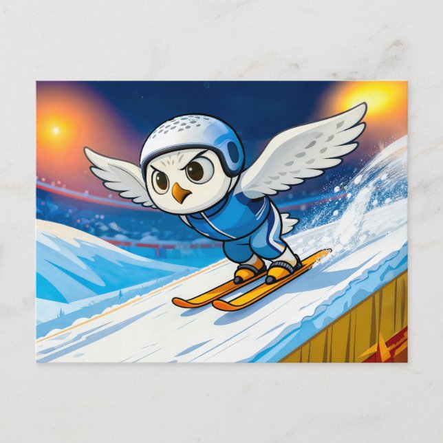 Snowy Owl Ski Jumping from a Winter Ski Ramp Postcard (Front)