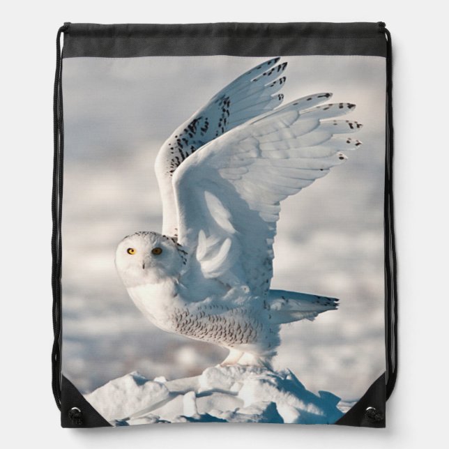 Snowy Owl taking off from snow Drawstring Bag (Front)