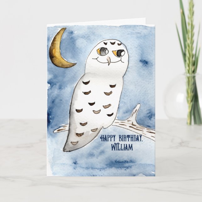 Snowy Owl Watercolor Personalized Birthday Card (Front)