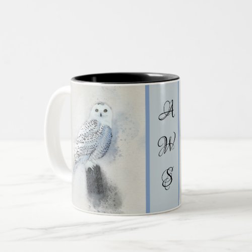 Snowy Owl Watercolor with Monogram Two_Tone Coffee Mug