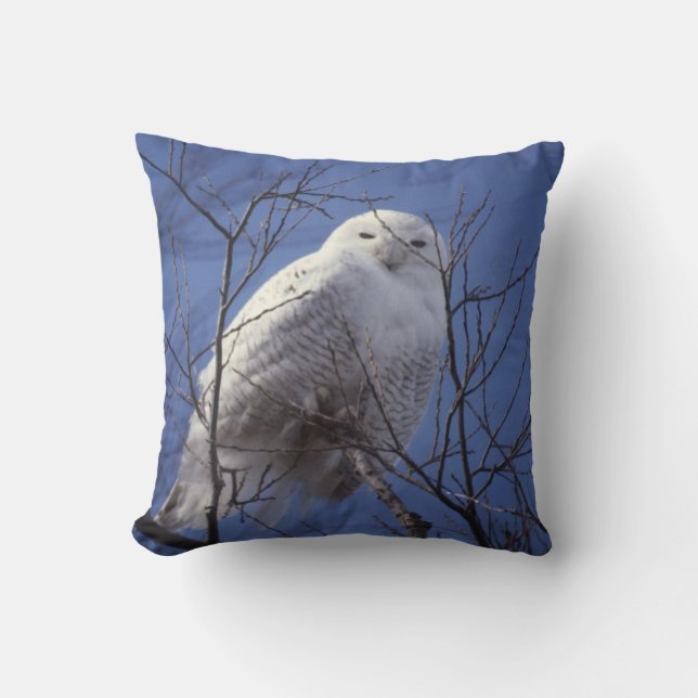 Snowy Owl, White Bird against a Sapphire Blue Sky Throw Pillow (Front)