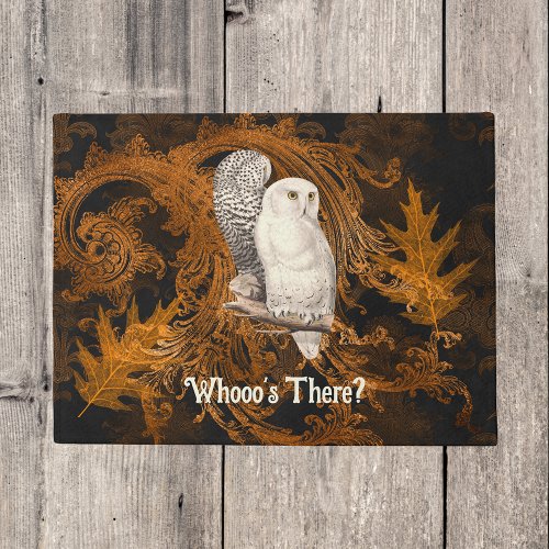 Snowy Owl Whos There Orange Damask Halloween Doormat