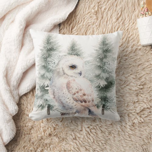 Snowy Owl Winter Forest Throw Pillow