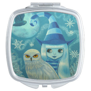 Snowy Owl Witch Winter Snowflakes Big Eye Doll Compact Mirror