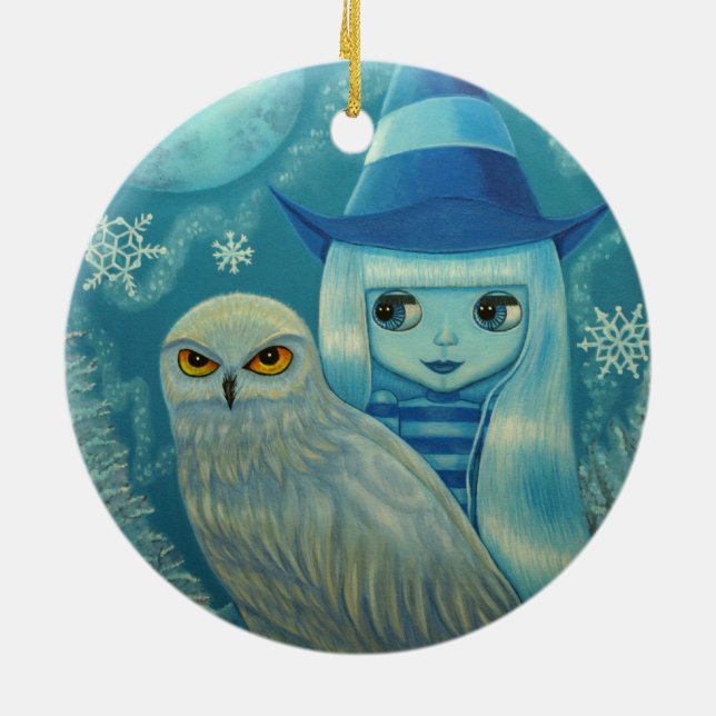 Snowy Owl Witch Winter Wonderland Dreamy Big Eye Ceramic Ornament (Back)