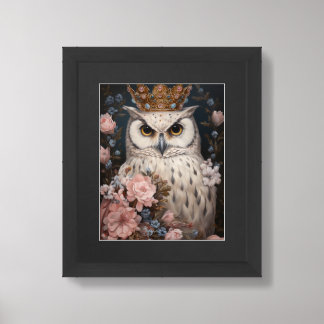 Snowy Owl With a Crown and Pink and Blue Flowers Framed Art