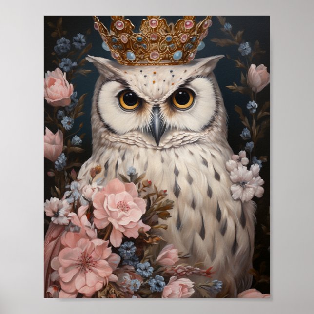 Snowy Owl With a Crown and Pink and Blue Flowers Framed Art (Front)