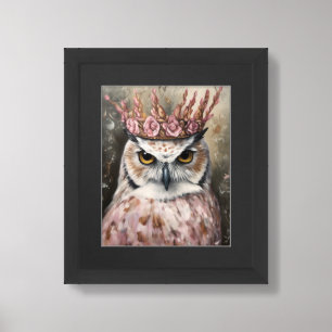 Snowy Owl With a Crown and Pink Flowers Framed Art