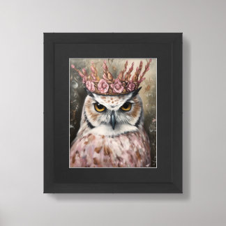 Snowy Owl With a Crown and Pink Flowers Framed Art