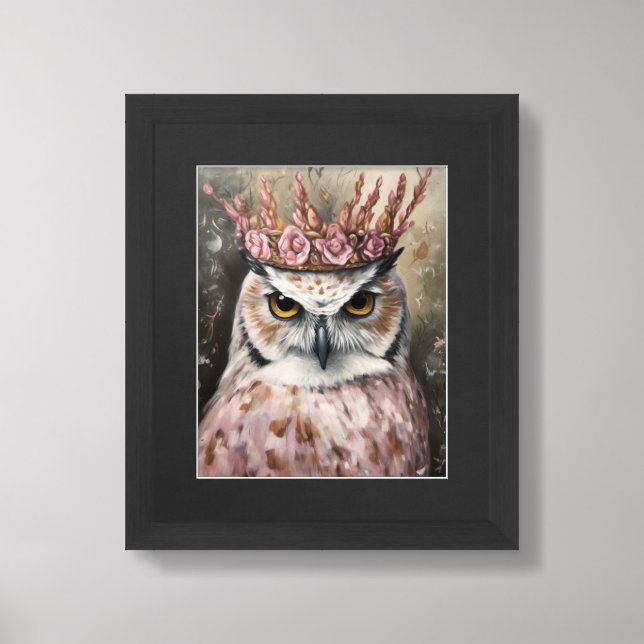 Snowy Owl With a Crown and Pink Flowers Framed Art (Framed Front)